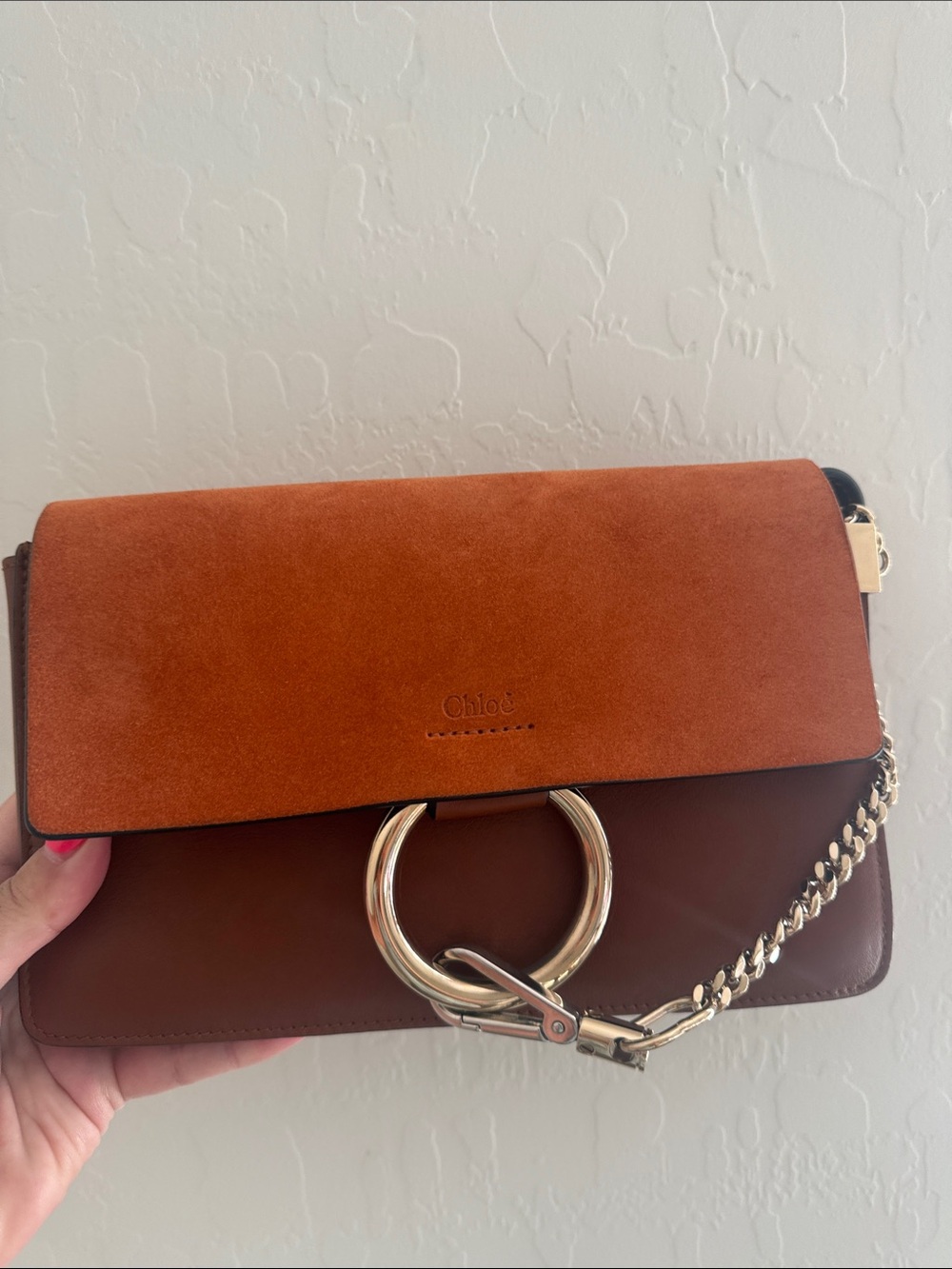 Chloe Two-Tone Brown Suede & Leather Crossbody with Gold Ring